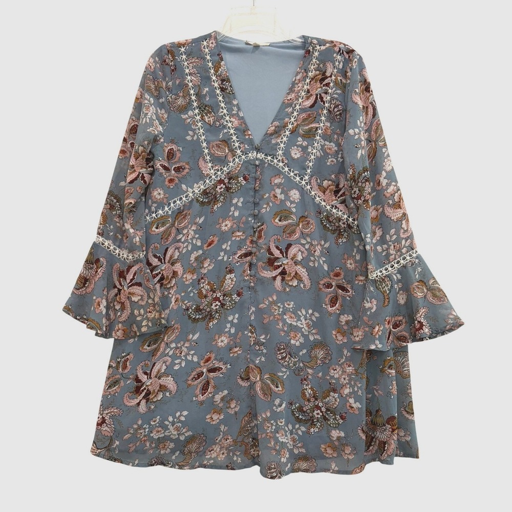 Entro Blue Floral Paisley Crochet Lace Bell Sleeve Boho‎ Mini Dress Small